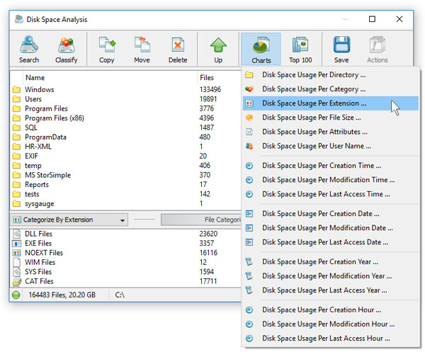 DiskBoss Disk Space Analysis Select Pie Chart