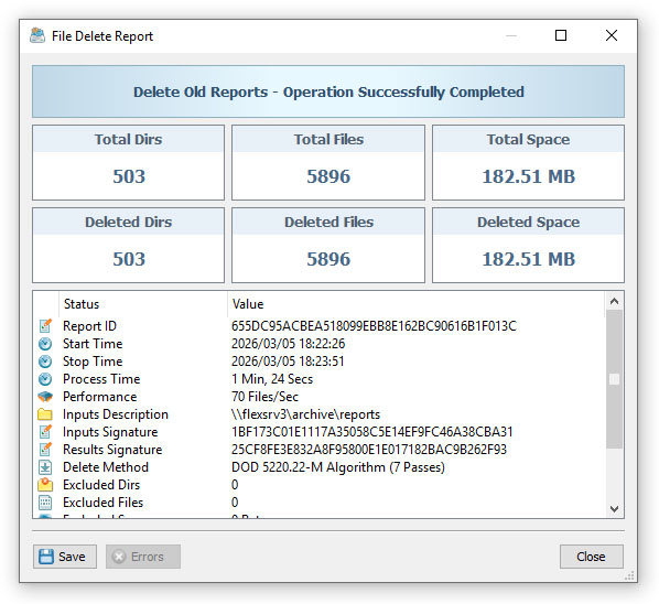 DiskBoss File Delete Report Dialog